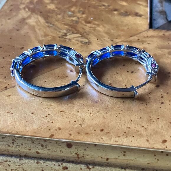 Artistic Blue Spinel Ruby Sterling Silver Hoop Earrings - Picture 5 of 8